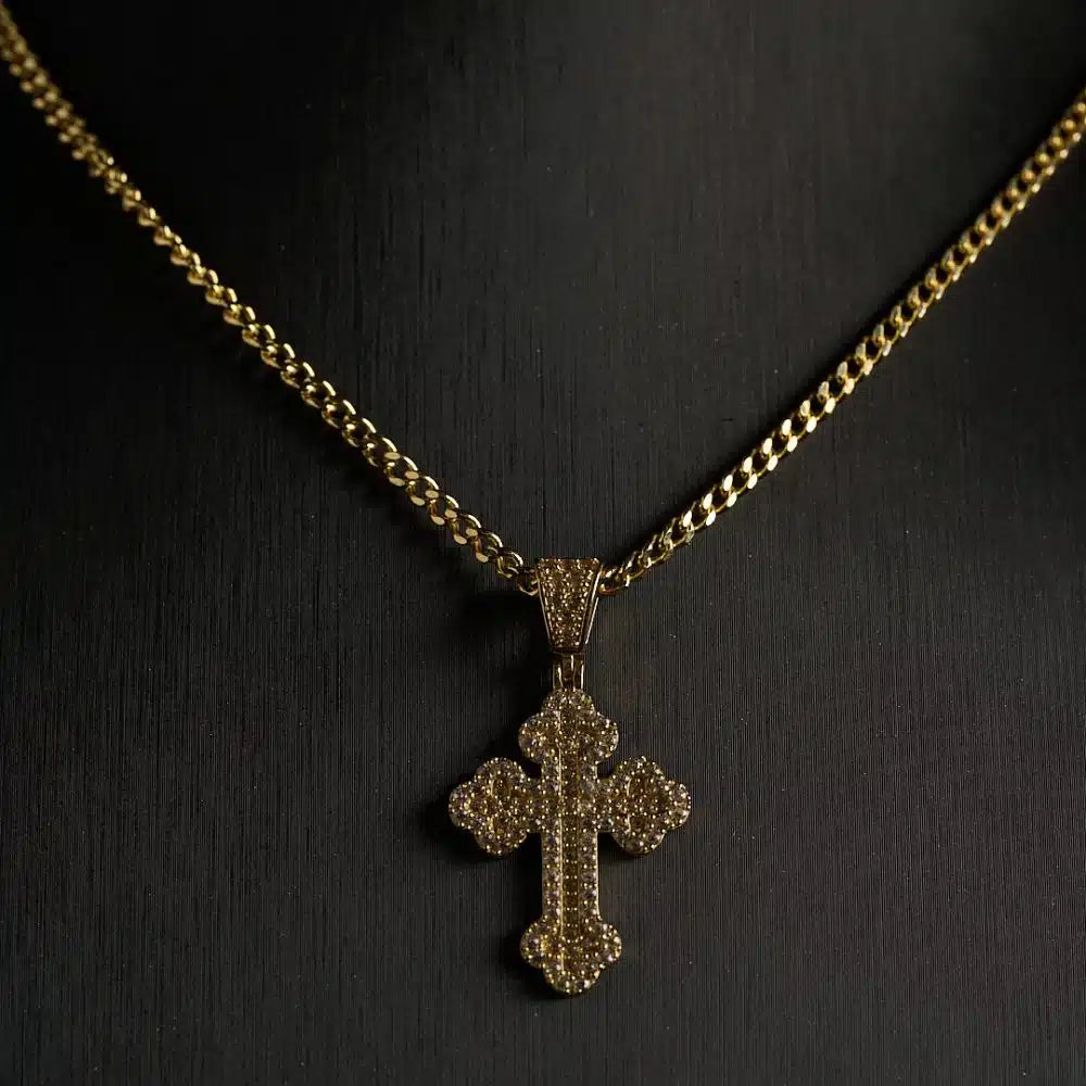 14K Gold Miami Cuban Necklace with Cross Pendant
