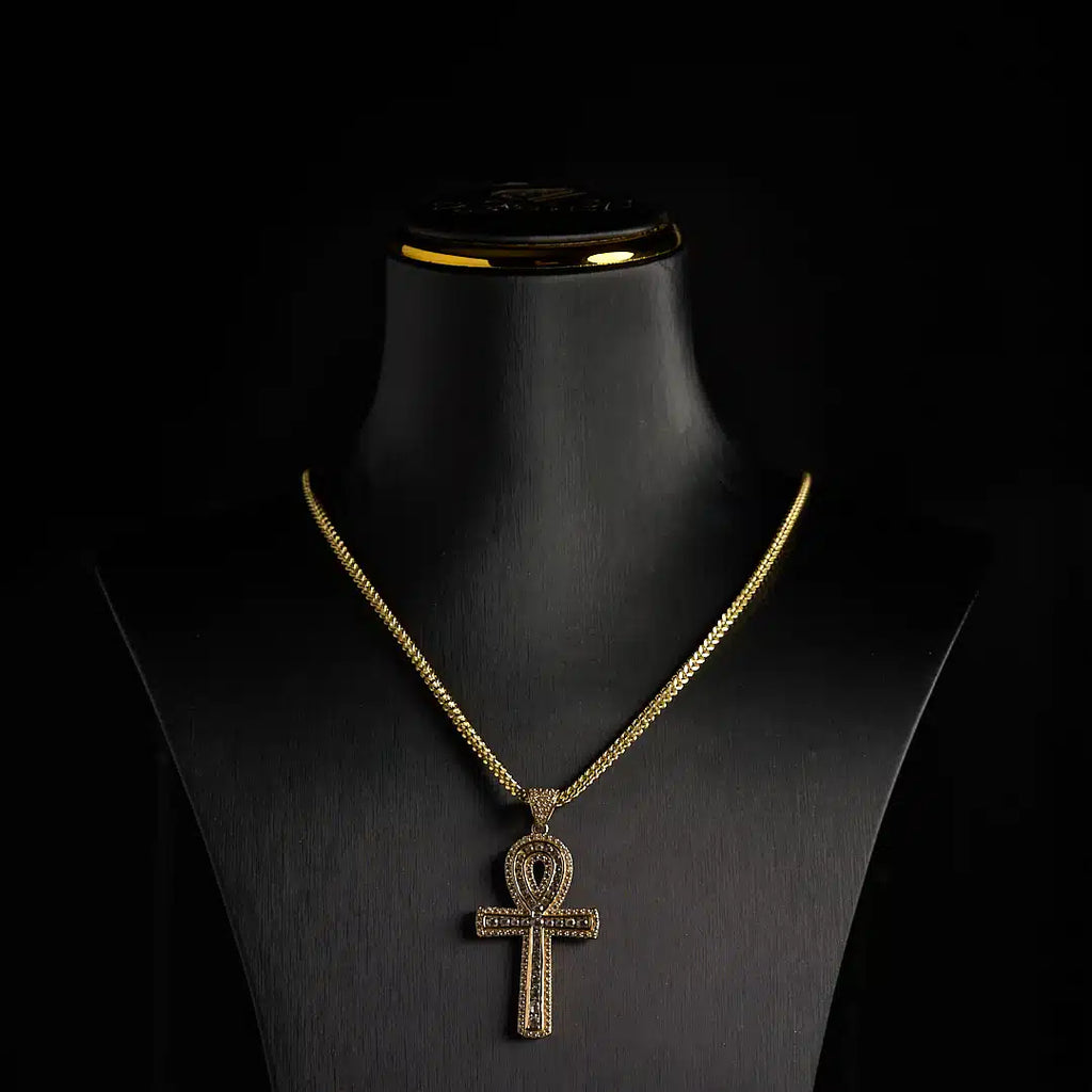 14K Gold Franco Chain with Ankh Cross Pendant