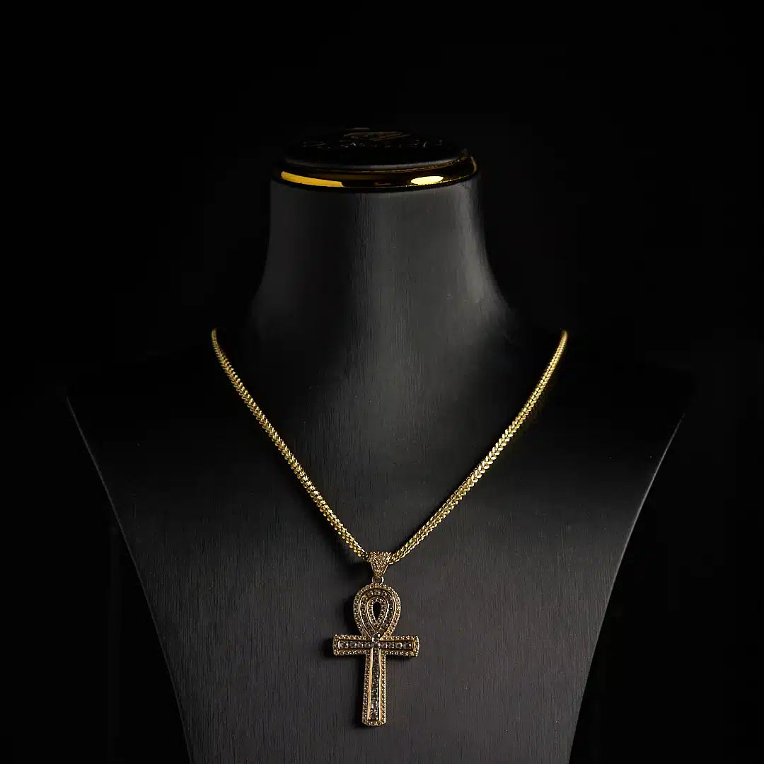 14K Gold Franco Chain with Ankh Cross Pendant