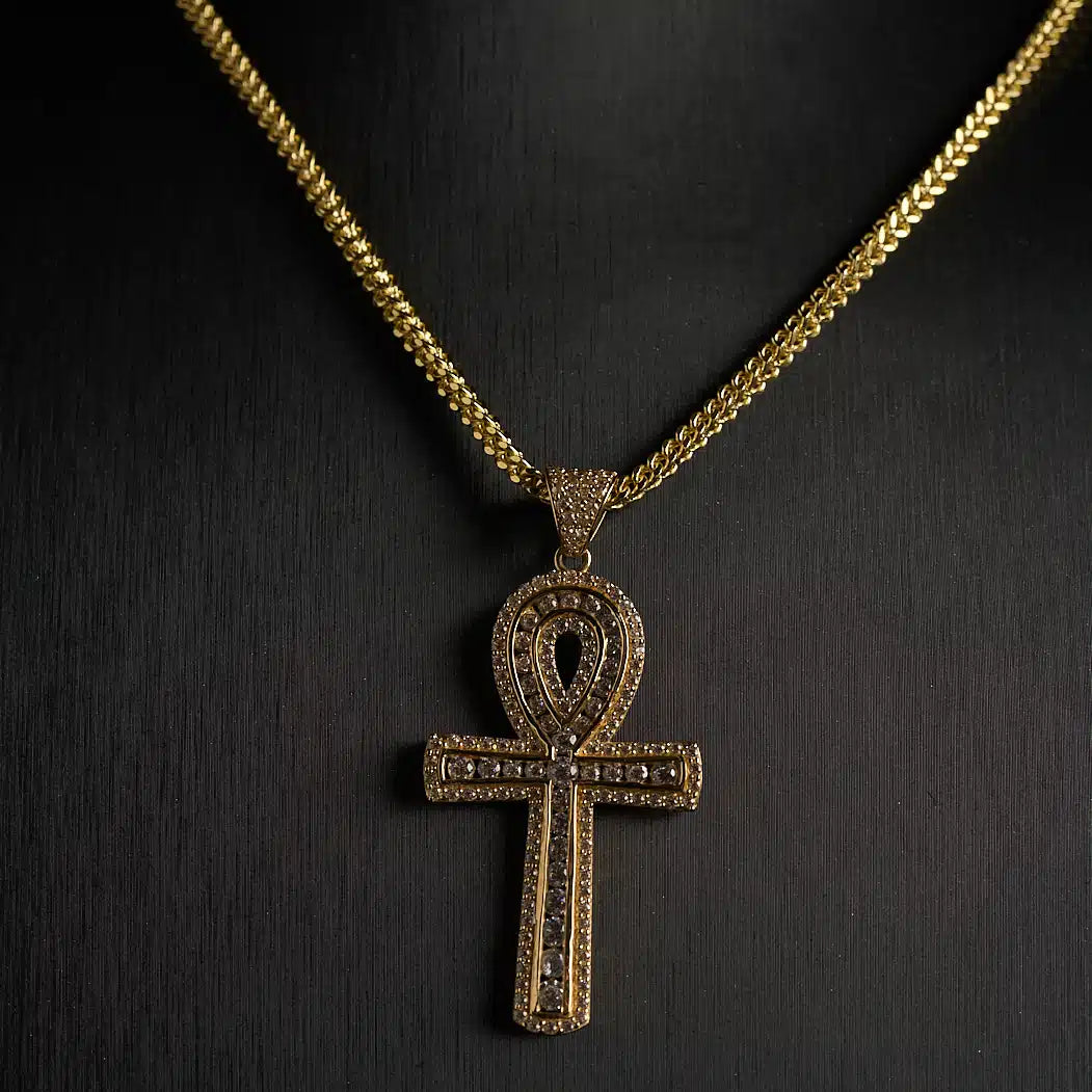 14K Gold Franco Chain with Ankh Cross Pendant