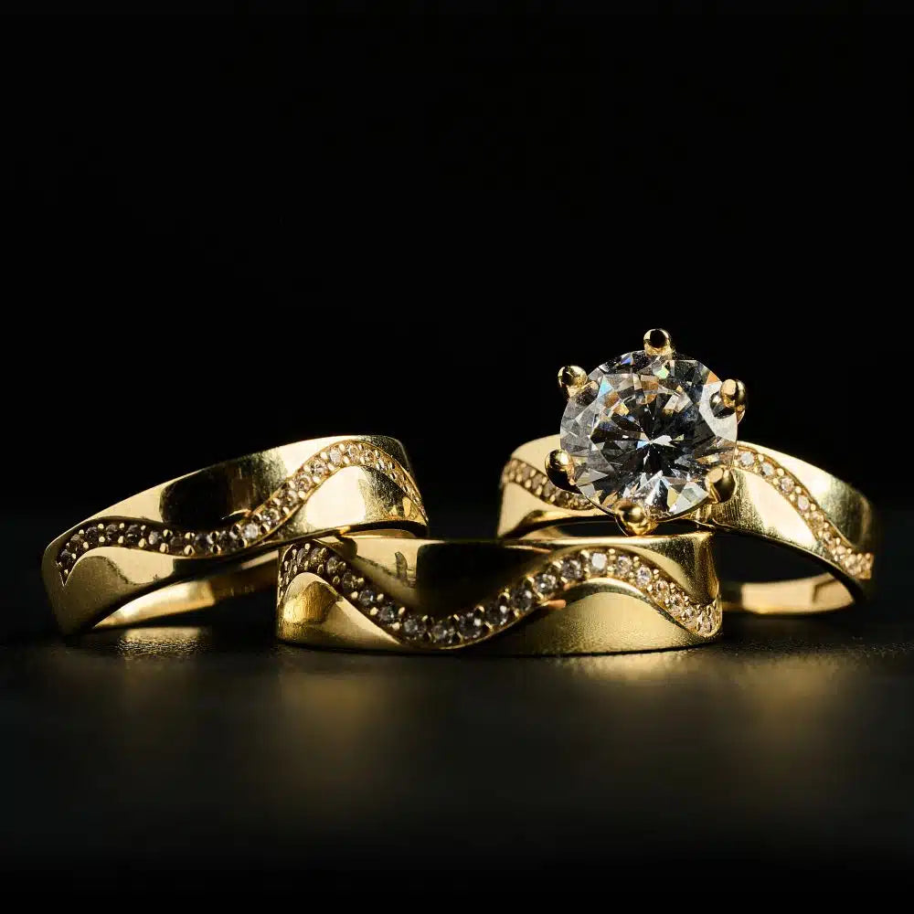 14K Gold CZ Trio Wedding Ring Set