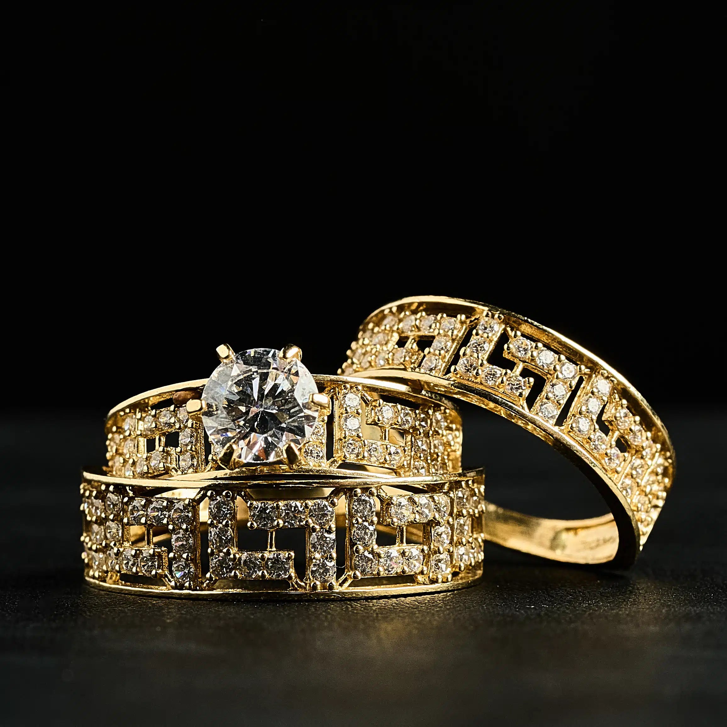 14K Gold CZ Trio Wedding Ring Set